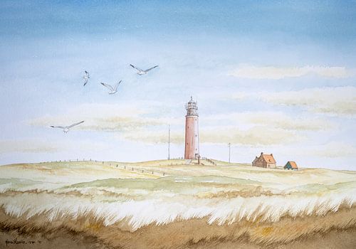 Dune landscape watercolour; The red lighthouse on the wadden island of Texel