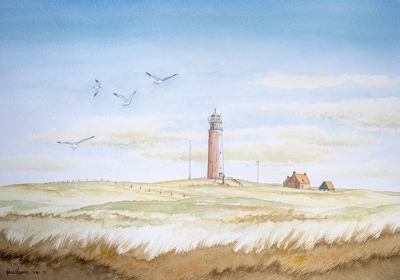 Aquarelle d'un paysage de dunes ; Le phare rouge sur l'île de Texel par Galerie Ringoot