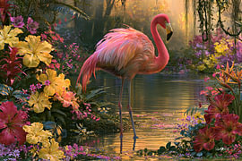 Flamant rose et fleurs tropicales