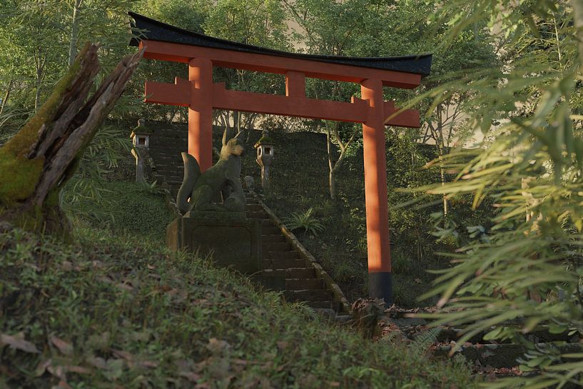 Old abandoned Japanese shrine in the forest with imposing torii gate by Besa Art