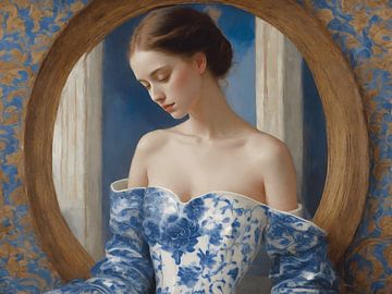 Een portret van een Delfts blauwe vrouw van Jolique Arte