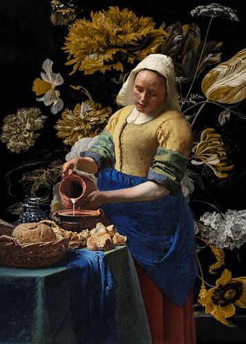 Het Melkmeisje met herfstkleurige bloemenbehang