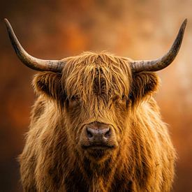 Portrait of a Scottish Highland cow in warm light by But First Framing