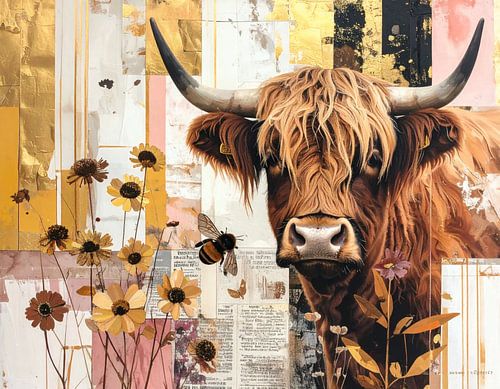 Verfijnd mixed media kunstwerk schotse hooglander met bloemen en bij