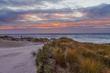 Coucher de soleil dans les dunes sur la plage sur Rob Baken