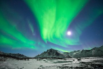 Noorderlicht aan de nachtelijke hemel boven Noord-Noorwegen van Sjoerd van der Wal Fotografie