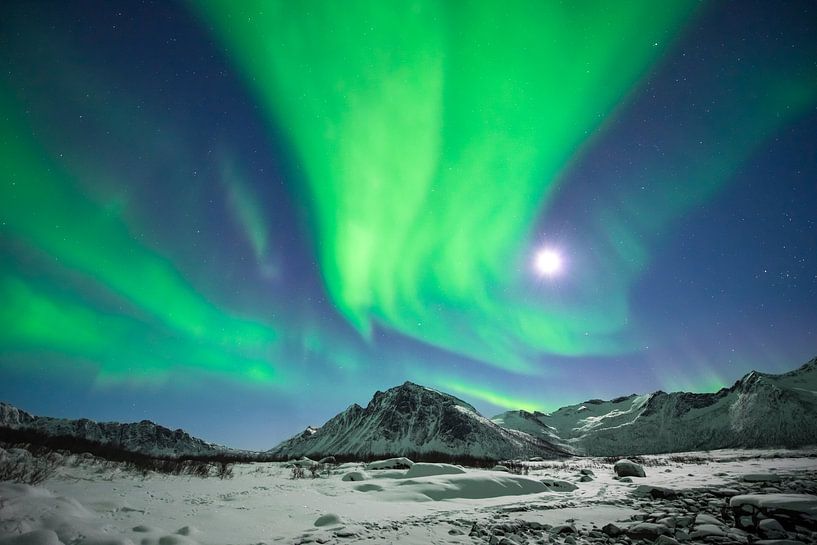 Noorderlicht aan de nachtelijke hemel boven Noord-Noorwegen van Sjoerd van der Wal Fotografie