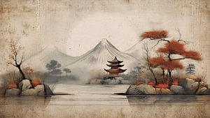 Japanische Zen-Berglandschaft mit Pagode in Herbstfarben