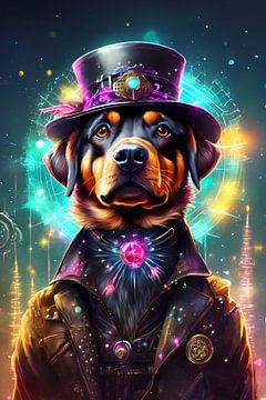 Steampunk Rottweiler Digital Art Aquarel Stijl