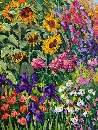 Levendig olieverfschilderij met bloemenweide in impasto-stijl – Kleurrijke zomerbloemen