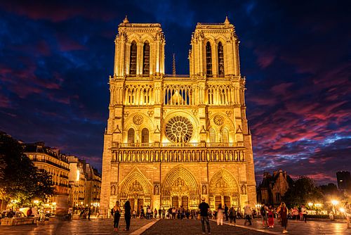 Notre Dame de Paris kathedraal aan de oevers van de Seine bij nacht in Parijs Frankrijk