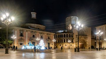 Plaza de la Virgen met Turia Fontein en Basilica Kathedraal in Valencia Spanje van Dieter Walther