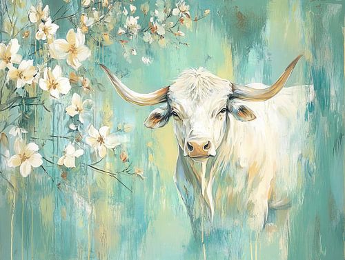 Vache blanche tranquille parmi les fleurs