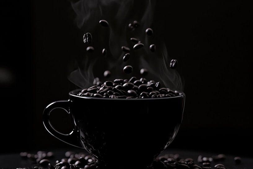 Café vapeur dans une tasse noire par Poster Art Shop