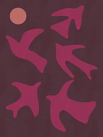 Modern abstract bohemian bird and sun art in neon pink and burgundy by Dina Dankers