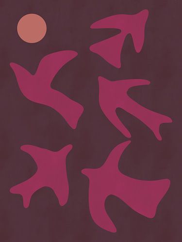 Moderne, abstracte kunst in bohemienstijl met vogels en de zon, in neonroze en bordeauxrood