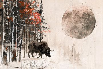 Bison in besneeuwd bos bij maanlicht van Art & Soul Creations