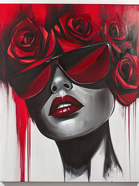 Crimson Shades - Extravagant Couture Portret met Rode Zonnebril en Rozenkroon