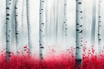 Berkenbos in de mist met rode bladeren van Poster Art Shop
