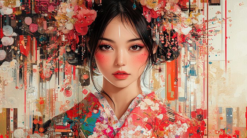 Japanse vrouw in rode kimono van Lufy