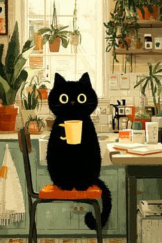 A black cat with a cup at the kitchen table