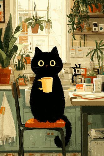 Zwarte kat met een kopje aan de keukentafel