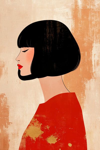 Feminine profile in red and gold - Modern by Poster Art Shop