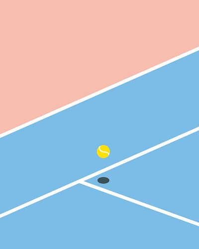 Blue and pink tennis court with tennis ball