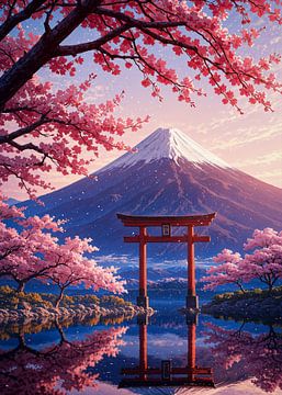 Torii poort Mount Fuji kersenbloesem Sakura lente Japan van Ruzerin