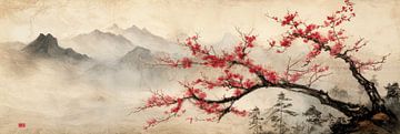 Kersenbloesem voor mistige bergtoppen Japandi panorama van Digitale Schilderijen