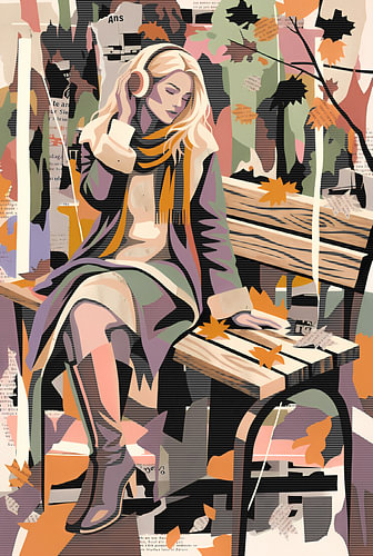 A woman on a bench in the park is listening to music