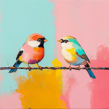 2 Vogels op een kabel kleurrijk van TheXclusive Art