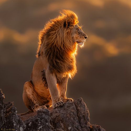 Lion sur une montagne au lever du soleil