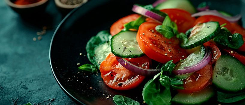 Fresh vegetable salad on a black plate by Poster Art Shop