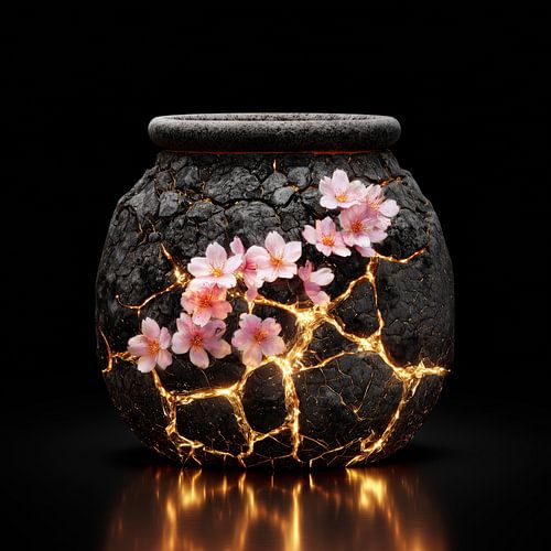 Japanische Sakura-Kirschblüte in einem Topf aus Bruchsteinen