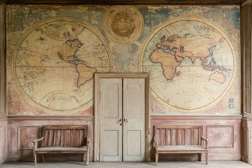 Photo of an abandoned school, vintage, world map, Antique, classic by BowiScapes abstract and digital art