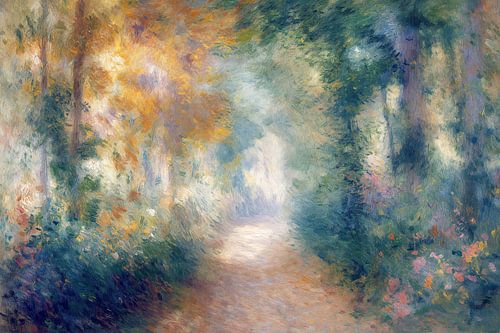 Ein verträumtes, impressionistisches Gemälde eines gewundenen Waldweges, umgeben von einer sanften, geheimnisvollen Atmosphäre. Die Komposition wird von warmen herbstlichen Gold- und Orangetönen dominiert, die mit kühlen Grün- und Blautönen verschmelzen. Der Weg verliert sich in nebliger Ferne, gesäumt von üppiger Vegetation, die mit lockeren Pinselstrichen dargestellt ist und eine ätherische, fast märchenhafte Atmosphäre schafft.
