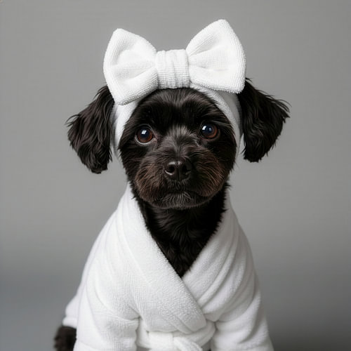 Cute little black dog with bathrobe and bow