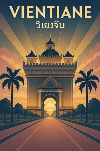 Vientiane Vintage Poster - Patuxai Victory Monument &amp; Sonnenuntergang Kunst von Travel Shop