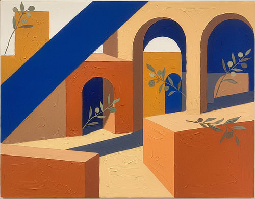 Mediterrane abstrakte Kunst mit sonnenbeschienenen Terrakotta-Formen