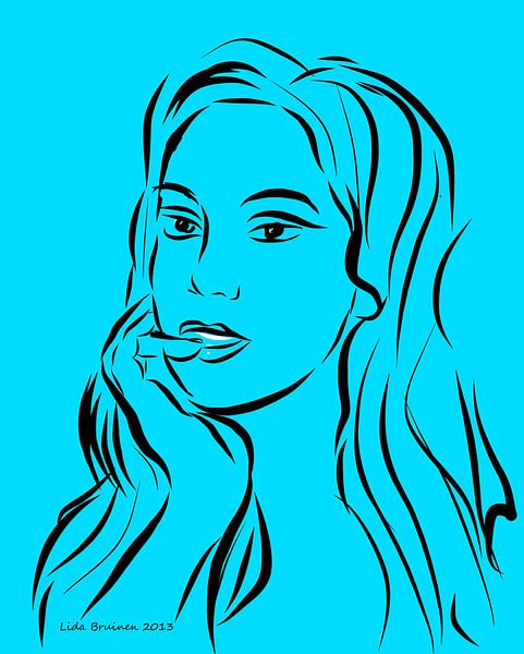 Portrait of a woman on turquoise background by Lida Bruinen