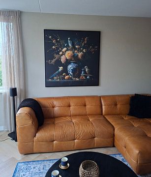 Kundenfoto: Stillleben mit Sittichen um eine Delfter Vase mit Blumen im Stil der Alten Meister von Dutch Art Works