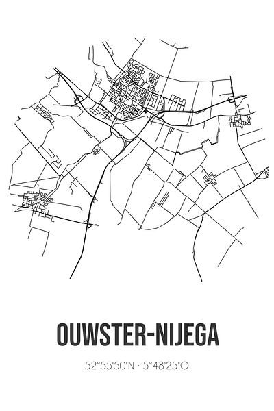 Ouwster-Nijega (Fryslan) | Map | Black and white by Prints of Place