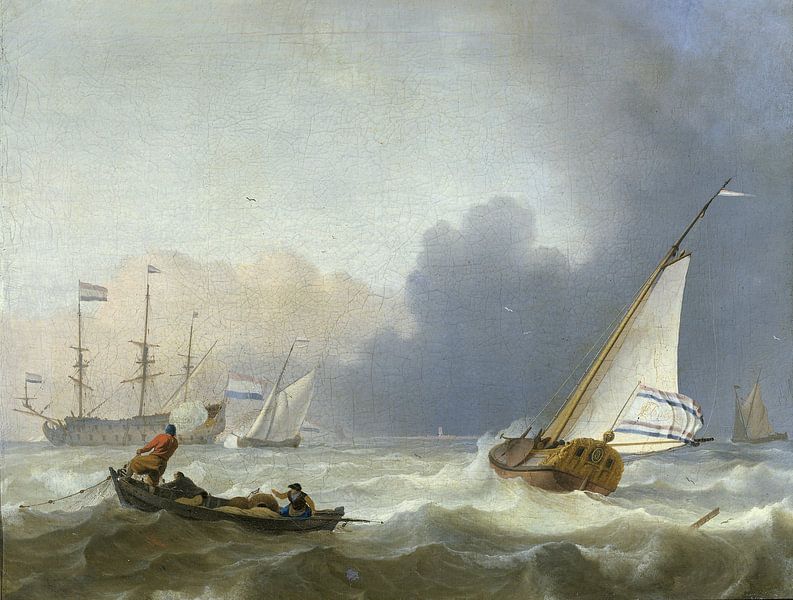 Aufgewühltes Meer mit einer holländischen Yacht, Ludolf Bakhuysen von Meisterhafte Meister