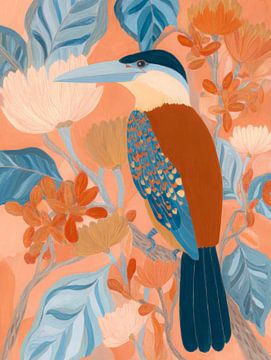 Kleurrijke ijsvogel tussen bloemen en bladeren