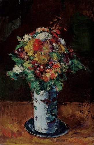Anton Faistauer, boeket bloemen in een rolkan op een bord, 1916