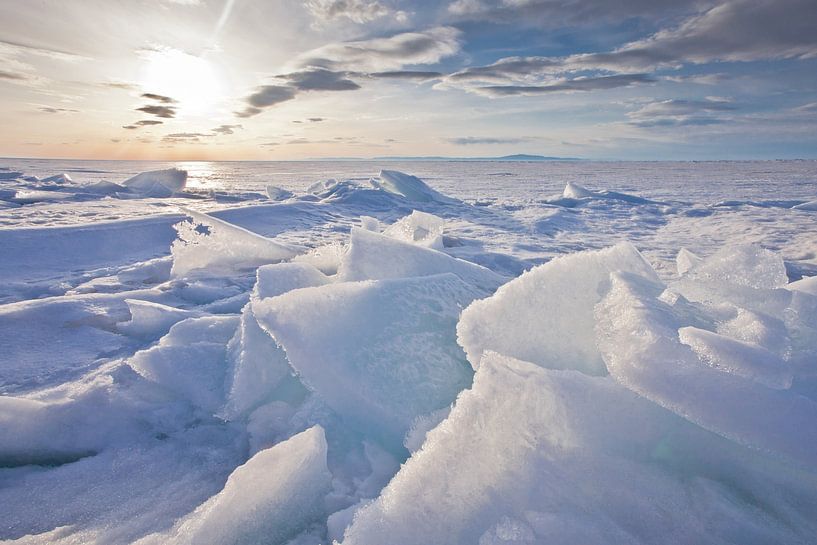 Sunset landscape with glowing hummocky ice on baikal, blue and pink ice is rearing up by Michael Semenov
