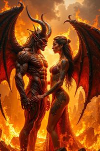 Dark Fantasy Wandbild: PYROTHYX - Zwei verliebte Dämonen im Feuer der Leidenschaft