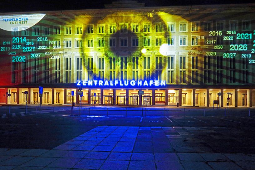 Berlin: The facade of the old Tempelhof airport with special light projection by Frank Herrmann