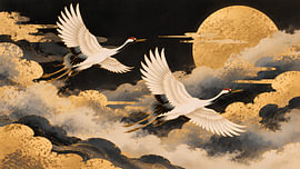 Japan Golden Moon Cranes in Clouds by my pixel art